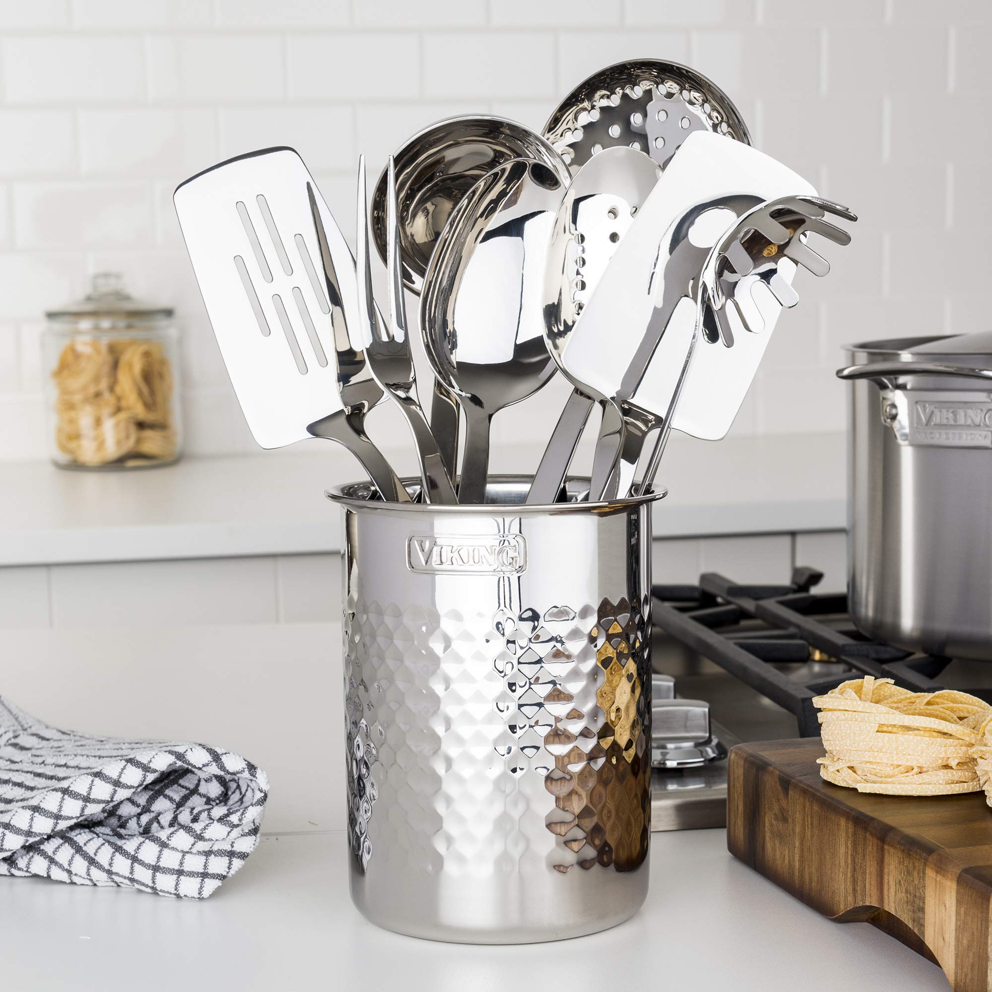 Viking Style Hammered Stainless Steel Kitchen Utensil Holder - Countertop Organizer Crock for Cooking Tools - Silver Metal Storage Container for Spoons, Spatulas & Cooking Accessories - Perfect for Modern Kitchens & Viking-Themed Decor