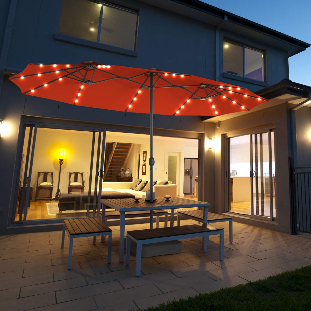 Tangkula 15 Ft Solar LED Patio Double-Sided Umbrella with Heavy Duty Base - Extra Large Outdoor Twin Umbrella with 36 Solar Powered LED Lights & Easy Crank System - Perfect for Garden, Deck, Poolside, Patio Furniture (Orange) | Ideal for Outdoor Dining, Backyard Parties & Summer Relaxation