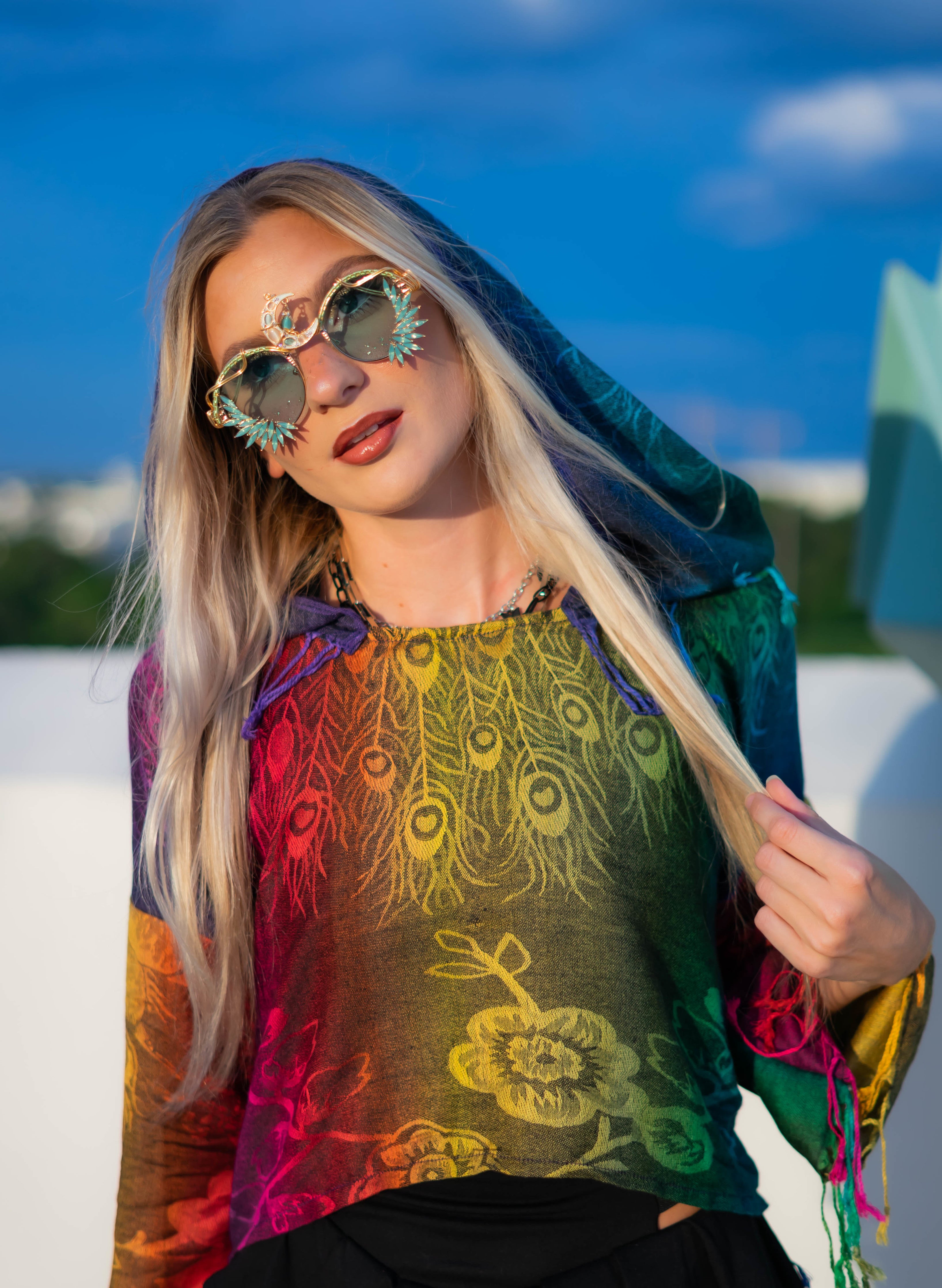 PASH LS Crop Top - Rainbow Feathers Print | Trendy Long Sleeve Cropped Shirt for Women | Perfect for Music Festivals, Parties & Casual Outfits