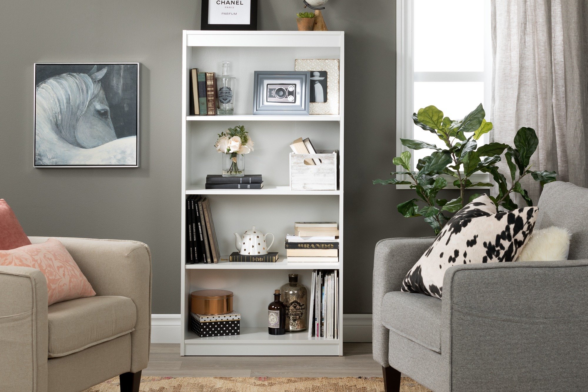 South Shore Axess 4-Shelf Bookcase, White Wooden Bookshelf for Home & Office - Perfect for Living Room, Bedroom, Study & Library Storage Organization