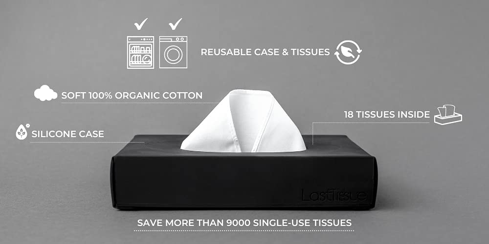 LastTissue® Reusable Tissue Box with 18 Organic Cotton Wipes | Eco-Friendly & Sustainable Tissue Holder | Washable Facial Tissues for Nose & Face | Perfect for Home, Office & Travel Use | Alternative to Paper Towels & Disposable Tissues