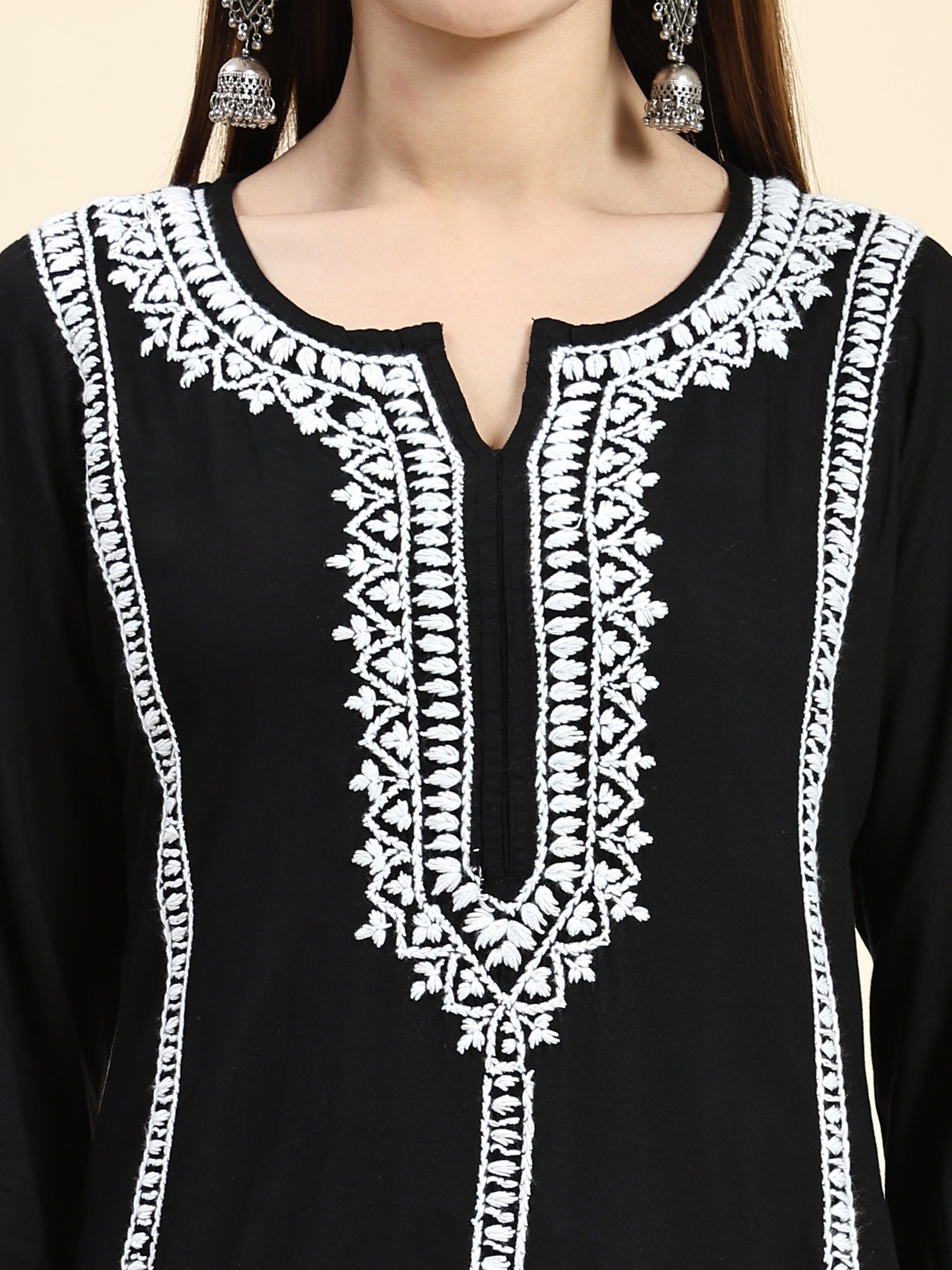Sharmin Women's Chikankari Long Kurta - Black & White Rayon Cotton Blend - Perfect for Festivals, Parties & Casual Wear