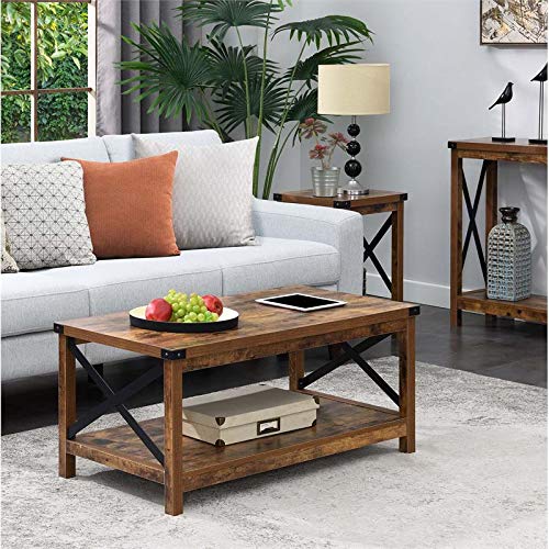 Pemberly Row Coffee Table - Nutmeg Wood Finish with Black Metal Legs - Modern Living Room Centerpiece for Home Decor & Entertainment
