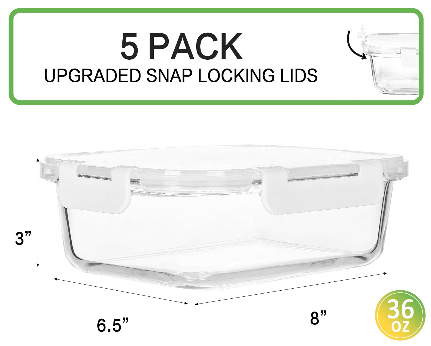 5-Pack 36 Oz Glass Meal Prep Containers with Locking Lids - Airtight Food Storage Containers for Lunch, Microwave, Oven, Freezer & Dishwasher Safe (4.5 Cup, White) - Perfect for Meal Prepping, Leftovers & Office Lunches