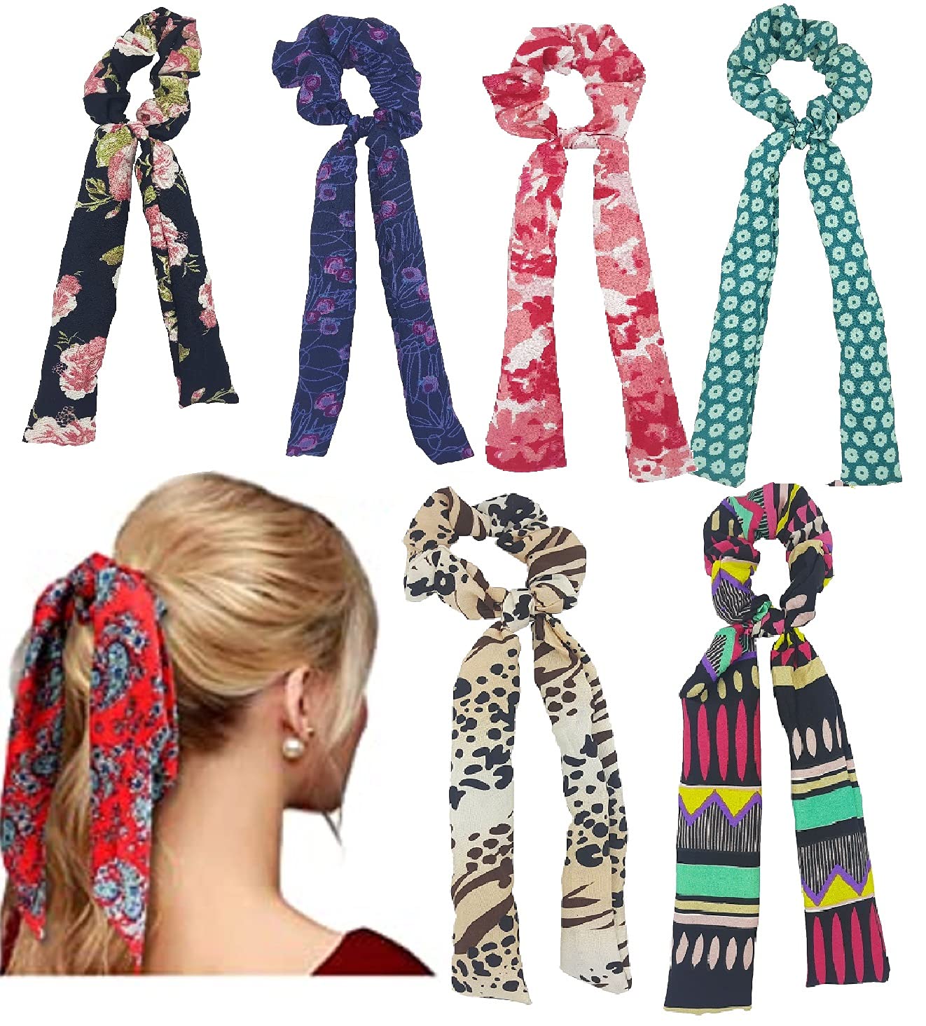Karki Fusion 6-Piece Printed Hair Scrunchie Set - Vintage 2-in-1 Hair Scarf & Ponytail Holder for Women & Girls (Assorted Colors & Designs) - Perfect for Workouts, Office, Parties & Everyday Style