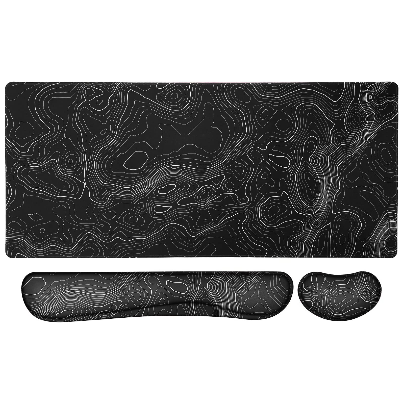 Keepcute Large Gaming Mouse Pad Set - 35.4 x 15.7 Inch Non-Slip Rubber Base Topographic Mouse Mat with Waterproof Stitched Edges for Keyboard & Desk Protection | Perfect for Office, Gaming & Home Workspace
