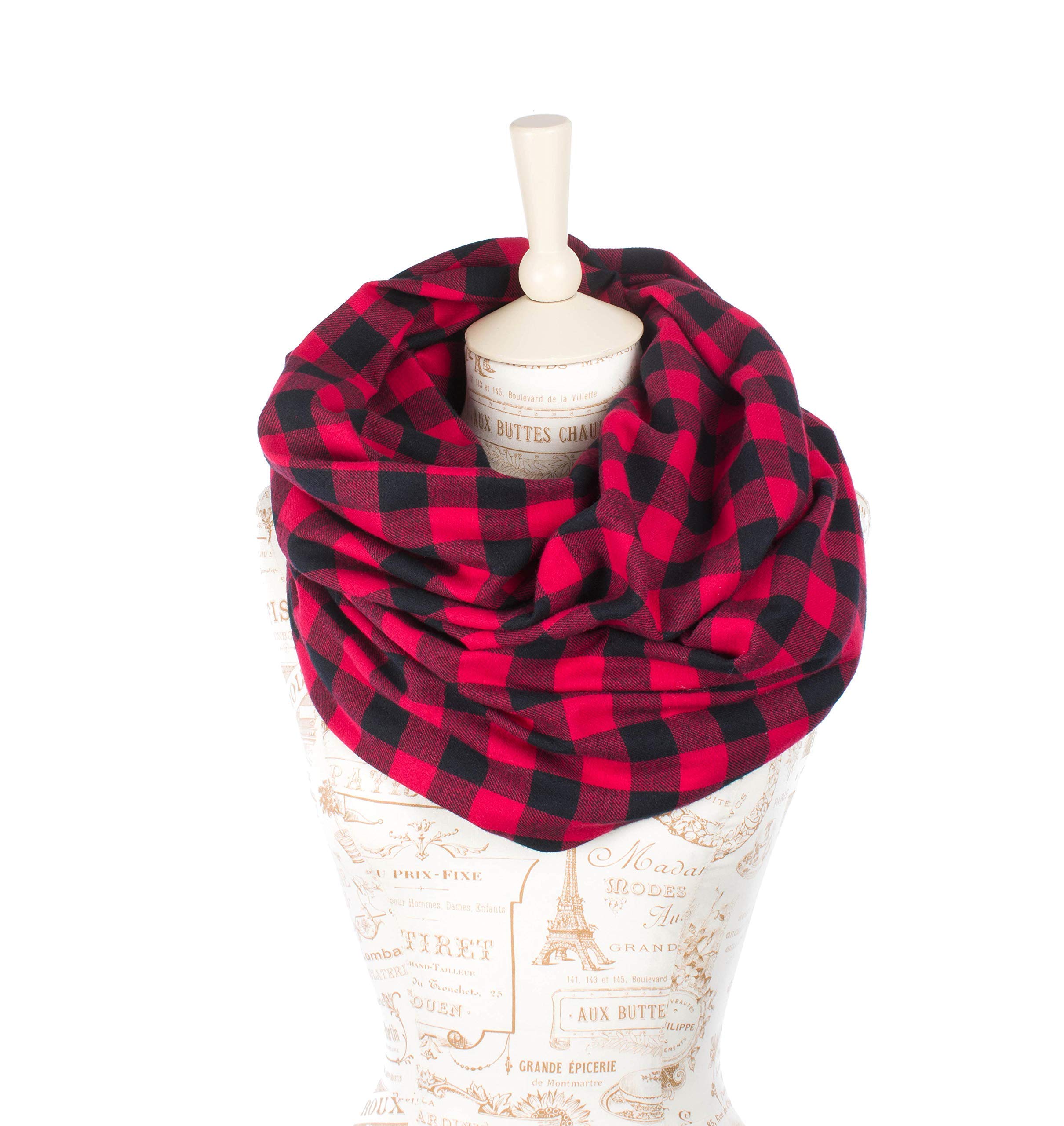 Warm Flannel Buffalo Plaid Infinity Scarf - Red & Black Checkered Pattern | Winter Fashion Accessory for Women & Men | Perfect for Cold Weather, Outdoor Activities & Holiday Gifts