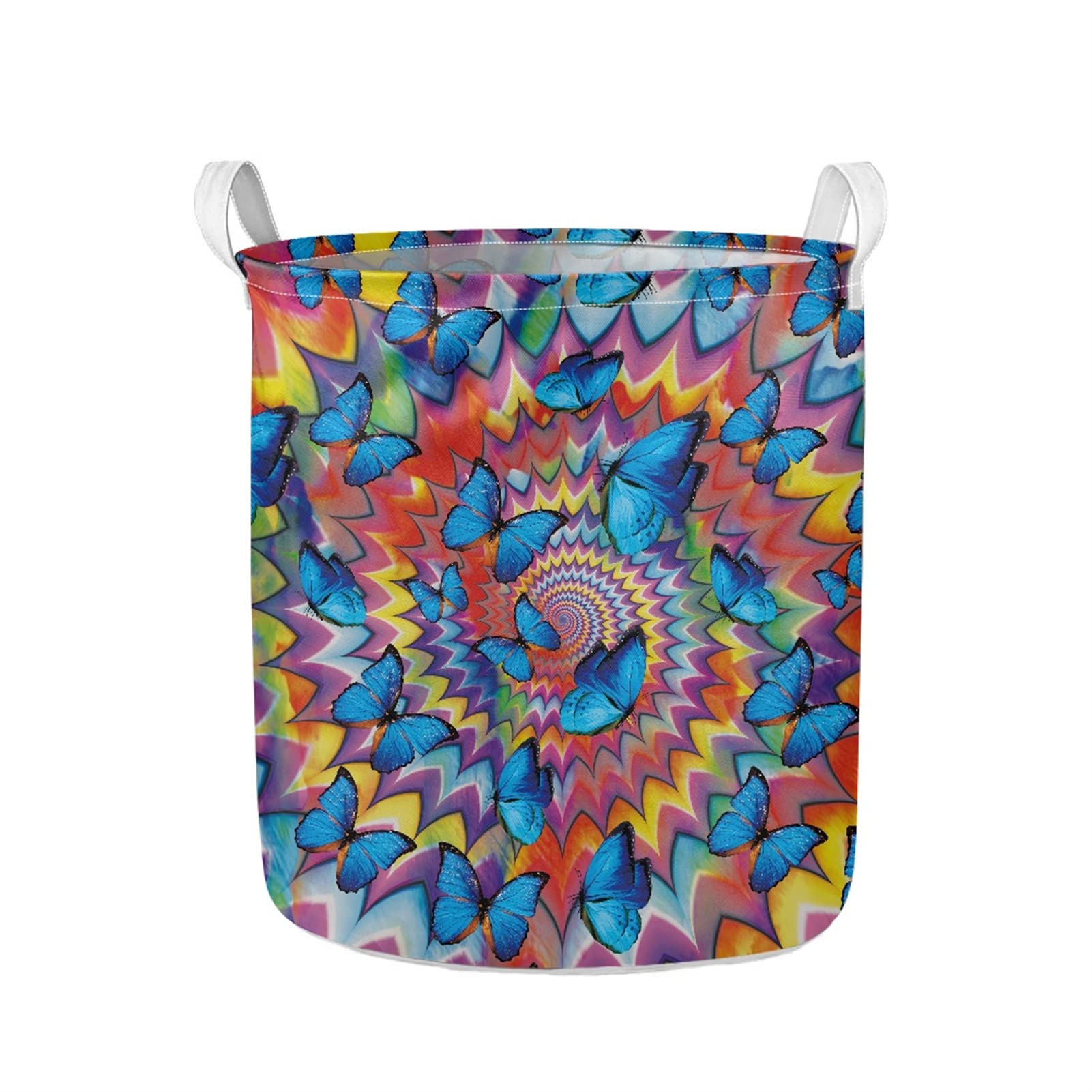 Butterfly Blue Laundry Basket with Handles - Foldable Storage Hamper for Clothes, Toys, Pillows & Blankets - Decorative Woven Basket for Living Room, Bedroom, Nursery - 18.5x16.1 Inch - Perfect for Home Organization & Space Saving