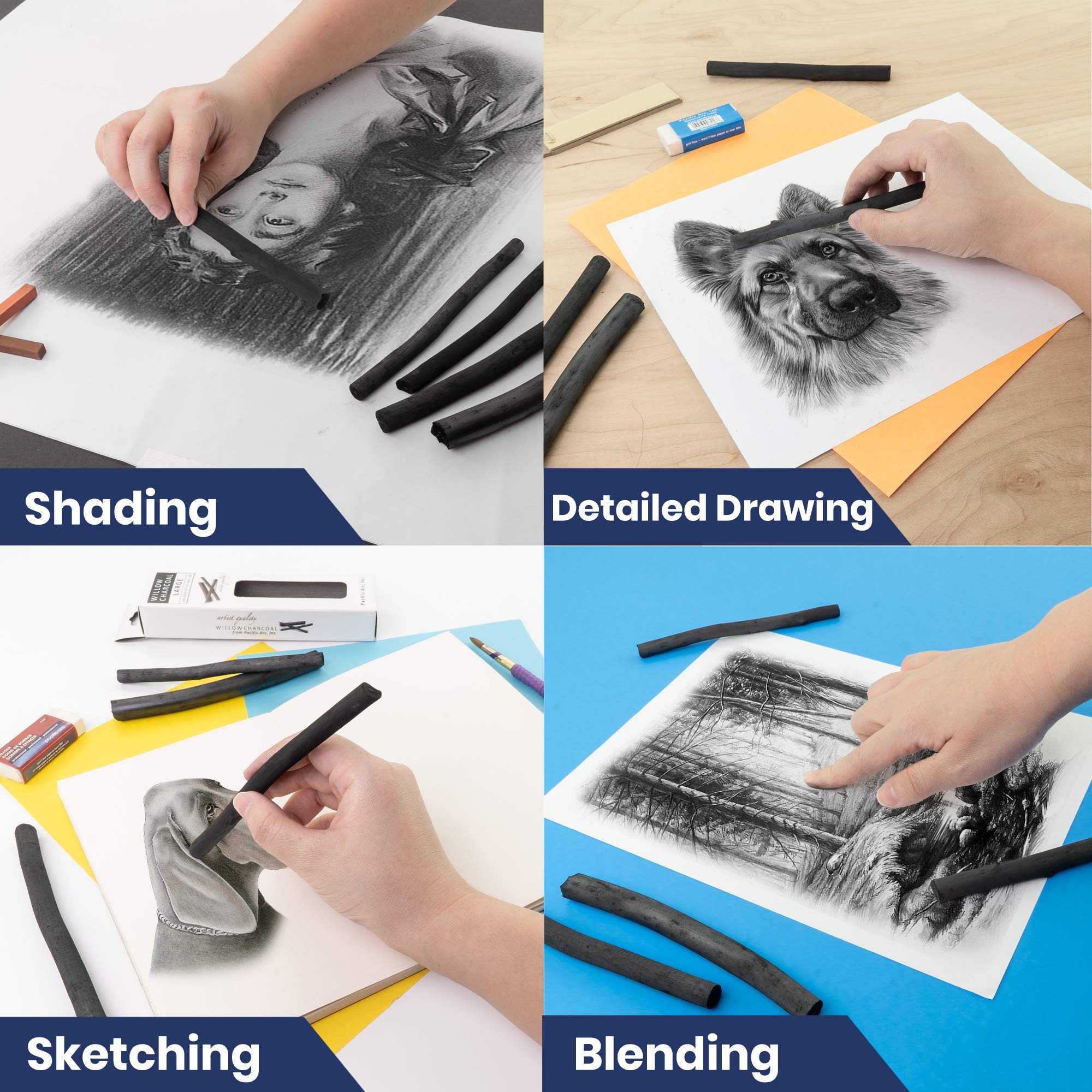 Pacific Arc Large Vine Charcoal Sticks - 5 Pack Soft Black Willow Drawing Charcoal for Sketching, Shading & Art | Perfect for Portrait Drawing, Life Sketching & Art Classes