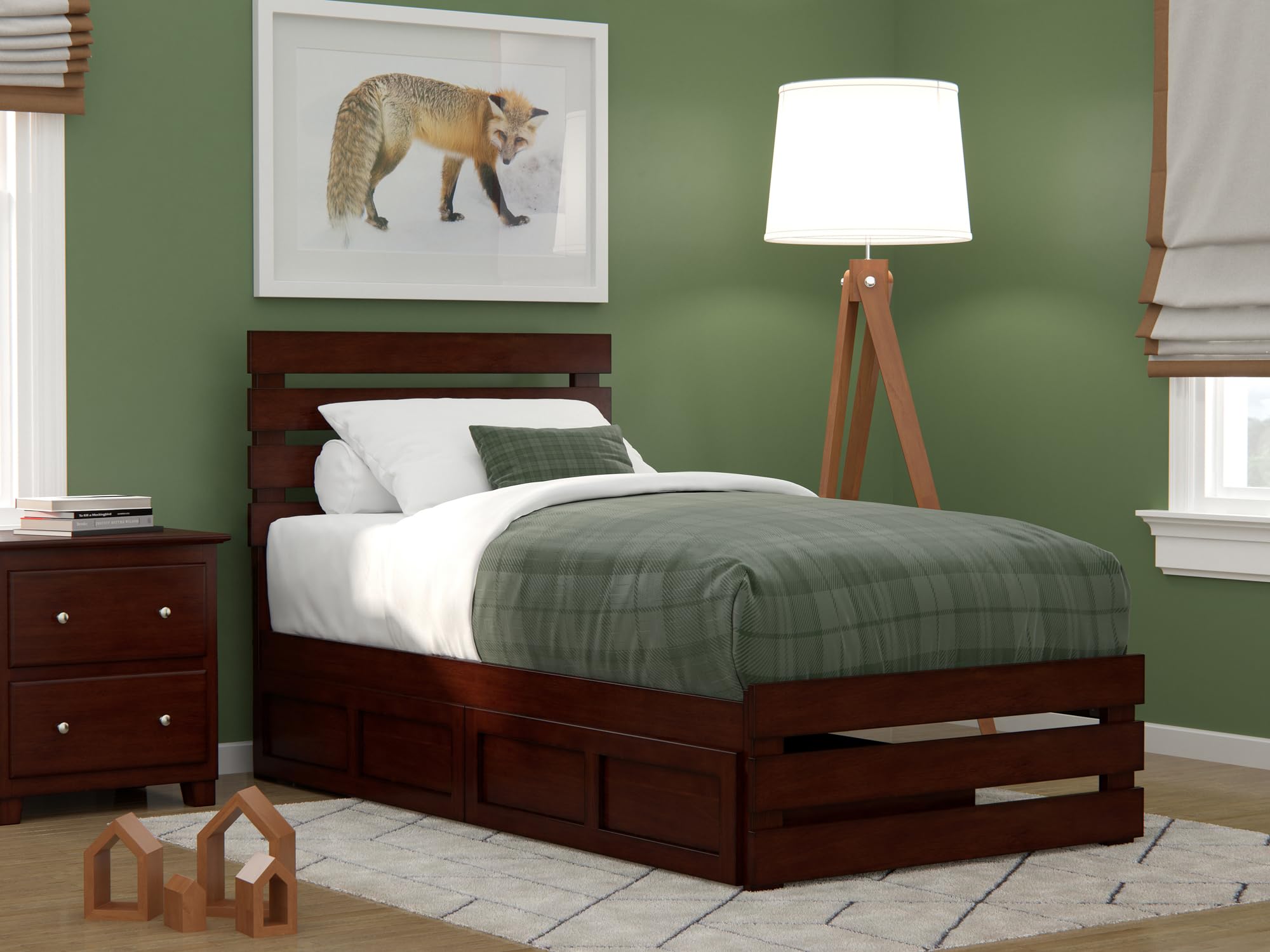 AFI Oxford Twin Bed Frame with Footboard, USB Turbo Charger & 2 Storage Drawers - Walnut Finish for Kids, Teens & Guest Rooms | Space-Saving Bedroom Furniture with Charging Station