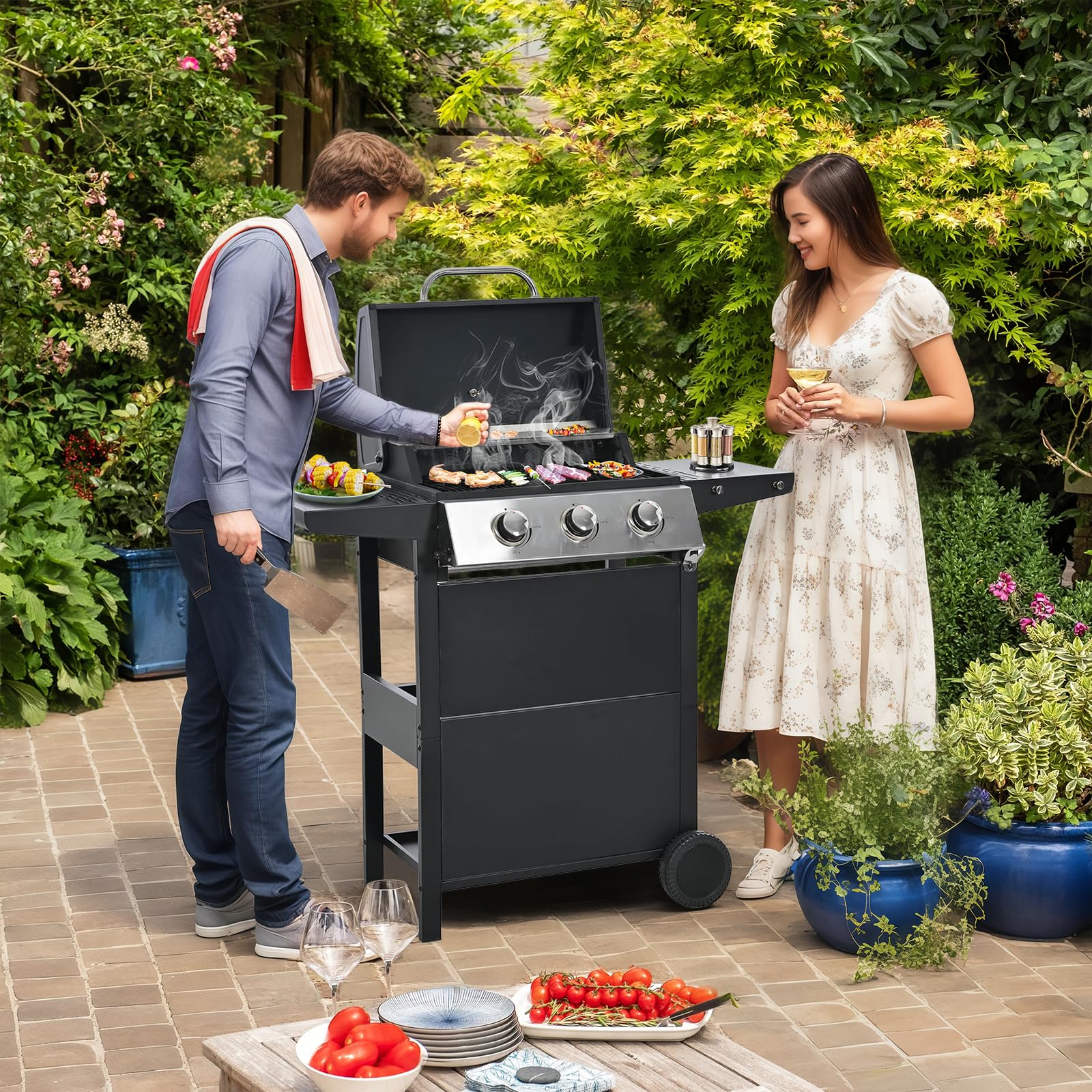 **25,650 BTU Propane Gas Grill - 3 Stainless Steel Burners with Built-in Thermometer - All-Weather Outdoor BBQ Grill for Backyard, Patio & Camping - Black**