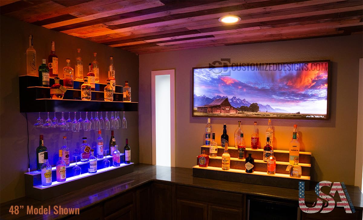 3 Tier Wall Mounted Liquor Bottle Shelf with Wine Glass Rack & LED Lights - 12 Bottle Capacity - Perfect for Home Bar, Kitchen, Dining Room, and Entertainment Areas