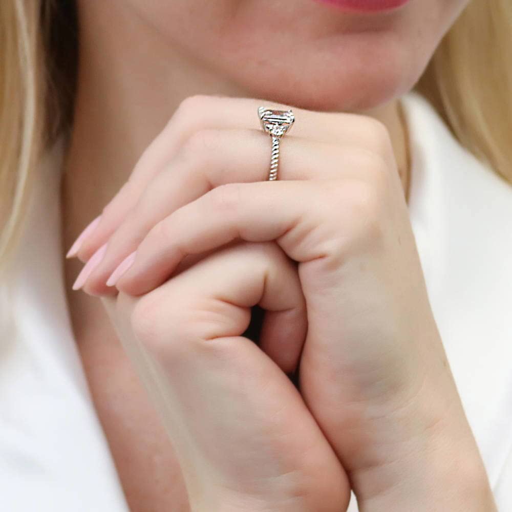 BERRICLE Sterling Silver 3-Stone Wedding & Engagement Ring for Women - 2.6 Carat Emerald Cut Cubic Zirconia CZ Woven Band, Rhodium Plated, Size 4-10 | Elegant Gift for Anniversary, Proposal & Special Occasions