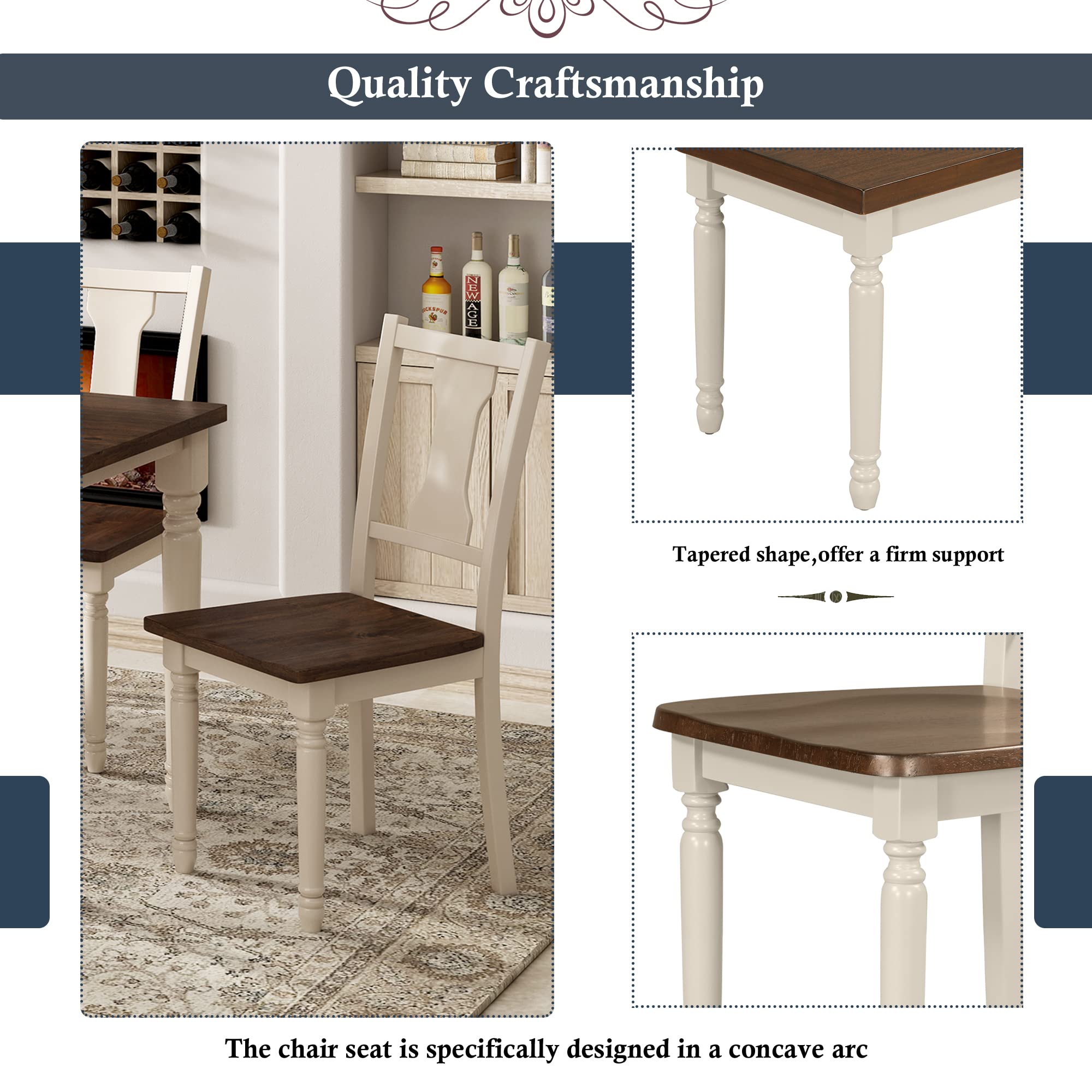 Merax 6-Piece Classic Wooden Dining Table Set with 4 Chairs and Bench - Brown & Cottage White - Perfect for Kitchen, Dining Room, Family Gatherings, and Small Spaces