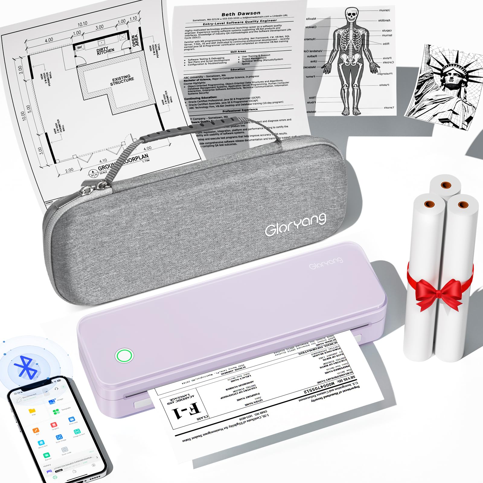Wireless Thermal Printer for Travel - Portable Inkless Printer Supports 8.5x11 US Letter Size, Bluetooth Thermal Printing with Carry Case & 3 Rolls Paper Kit (Purple) - Perfect for Business Trips, Home Office & On-the-Go Printing