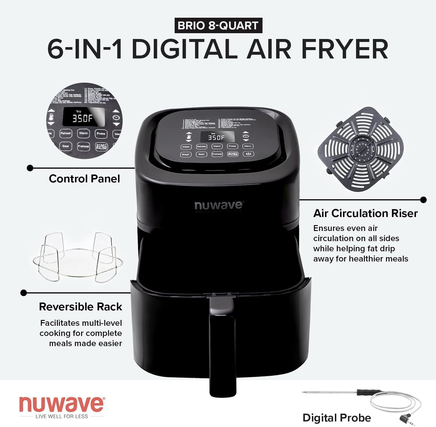 NUWAVE Brio 8-Quart Air Fryer with 1800W Power - Digital Display, Precise 50°F to 400°F Temperature Control - 100 Presets & 50 Memory Slots - Built-in Smart Thermometer & Linear T Technology - Perfect for Healthy Cooking, Family Meals & Quick Snacks