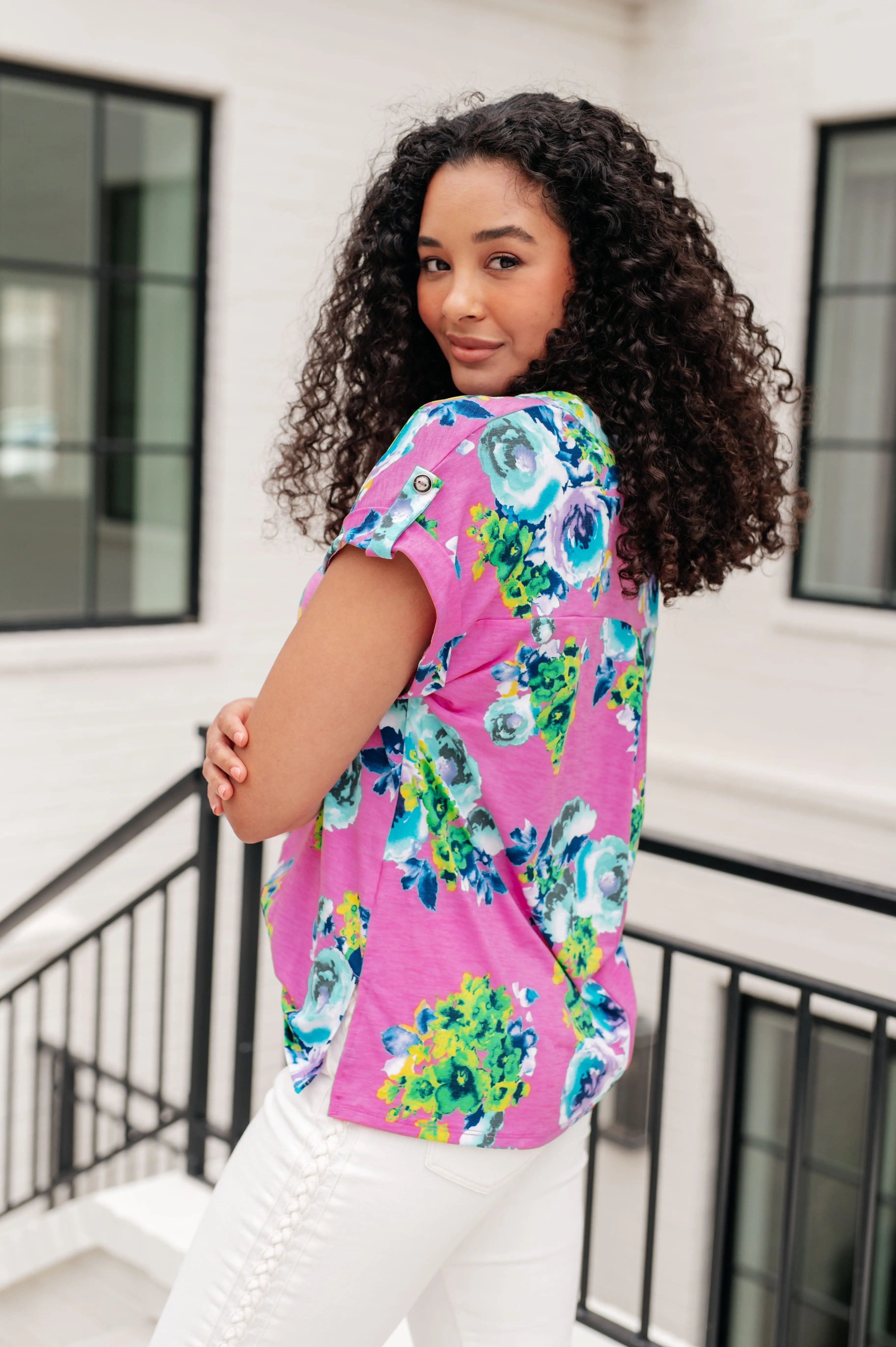 Lizzy Cap Sleeve Top - Coral & Blue Floral Print Women's Blouse for Casual Wear, Summer Outfits, and Office Attire