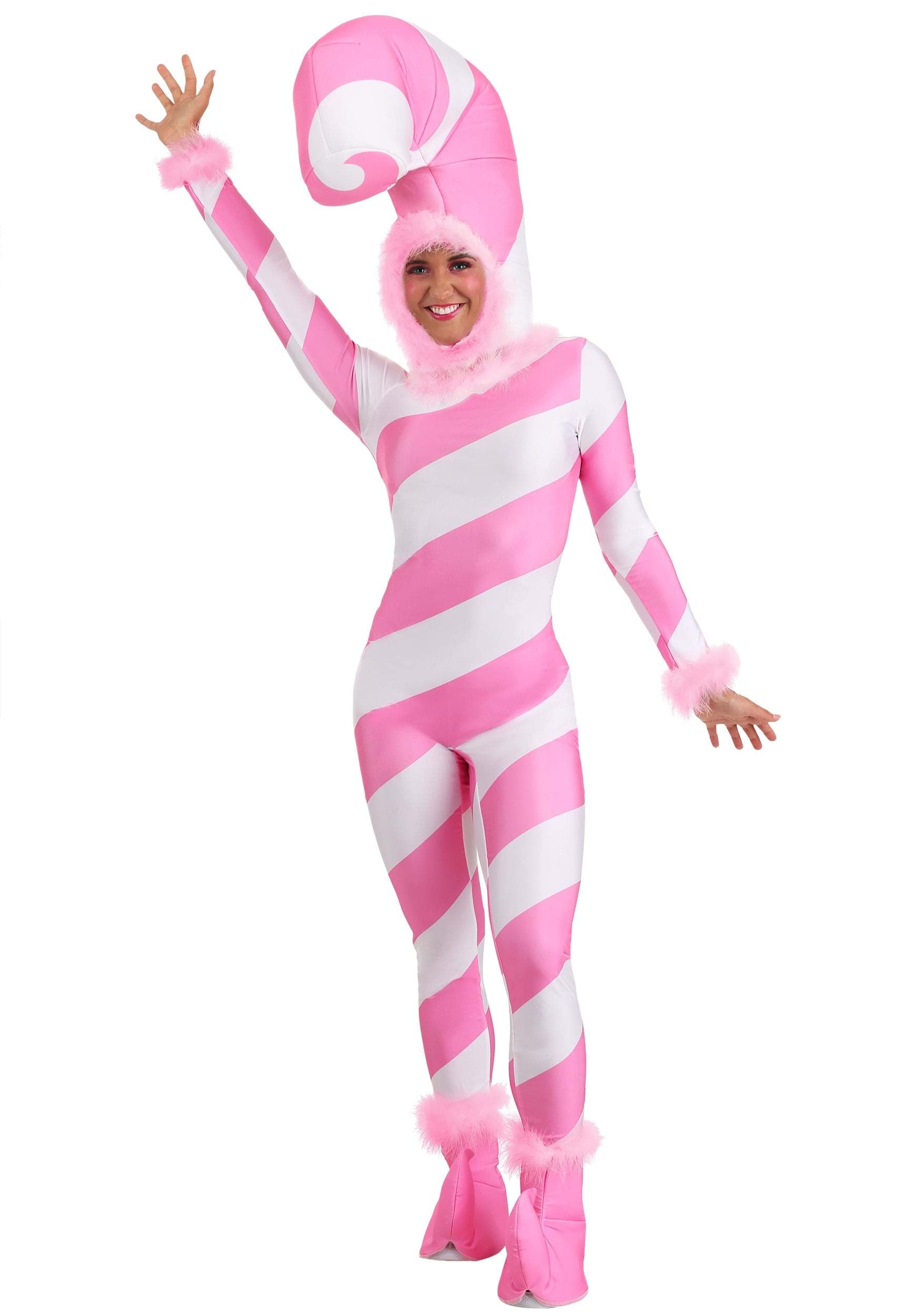 Women's Pink Candy Cane Costume Jumpsuit - Christmas Holiday Party Outfit for Festive Celebrations & Themed Events