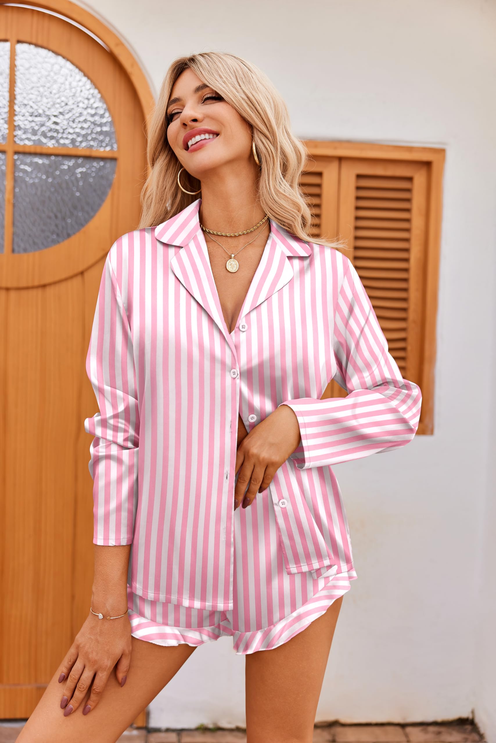 Ekouaer Women's Satin Pajama Set - Long Sleeve Button Down Top & Shorts Lounge Sleepwear for Comfortable Nightwear, Loungewear & Home Relaxation