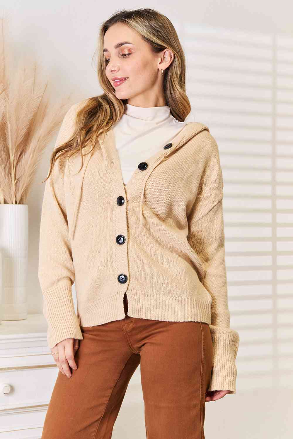 Stylish Tan Button Down Long Sleeve Hooded Sweater for Men & Women | Cozy Fall & Winter Pullover | Perfect for Casual Outfits, Layering and Outdoor Activities
