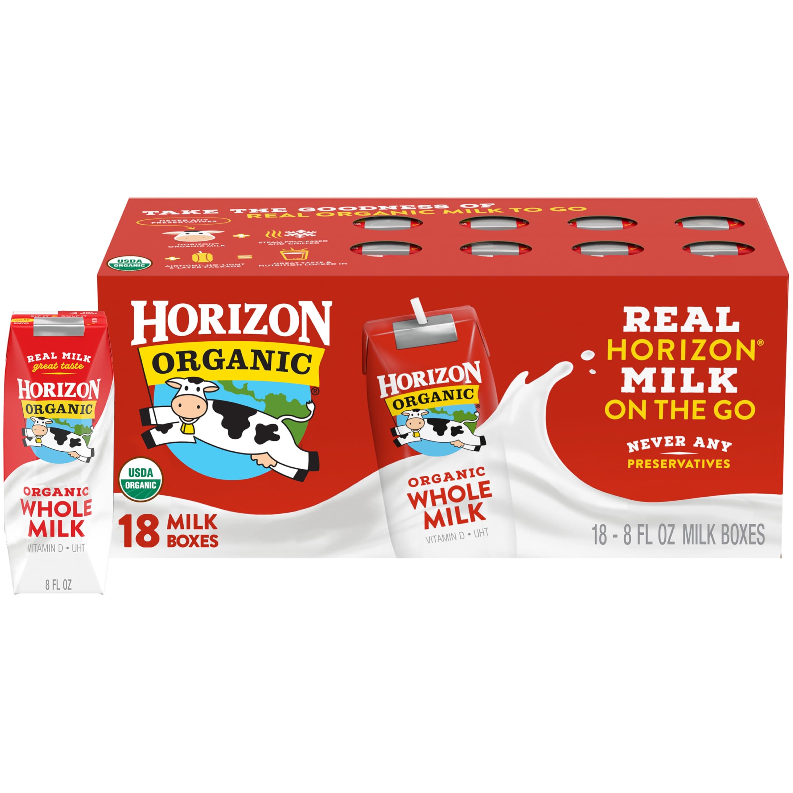 Horizon Organic Whole Milk 18-Pack, 8 fl oz Cartons - Perfect for School Lunches, Office Snacks & Healthy Family Breakfasts