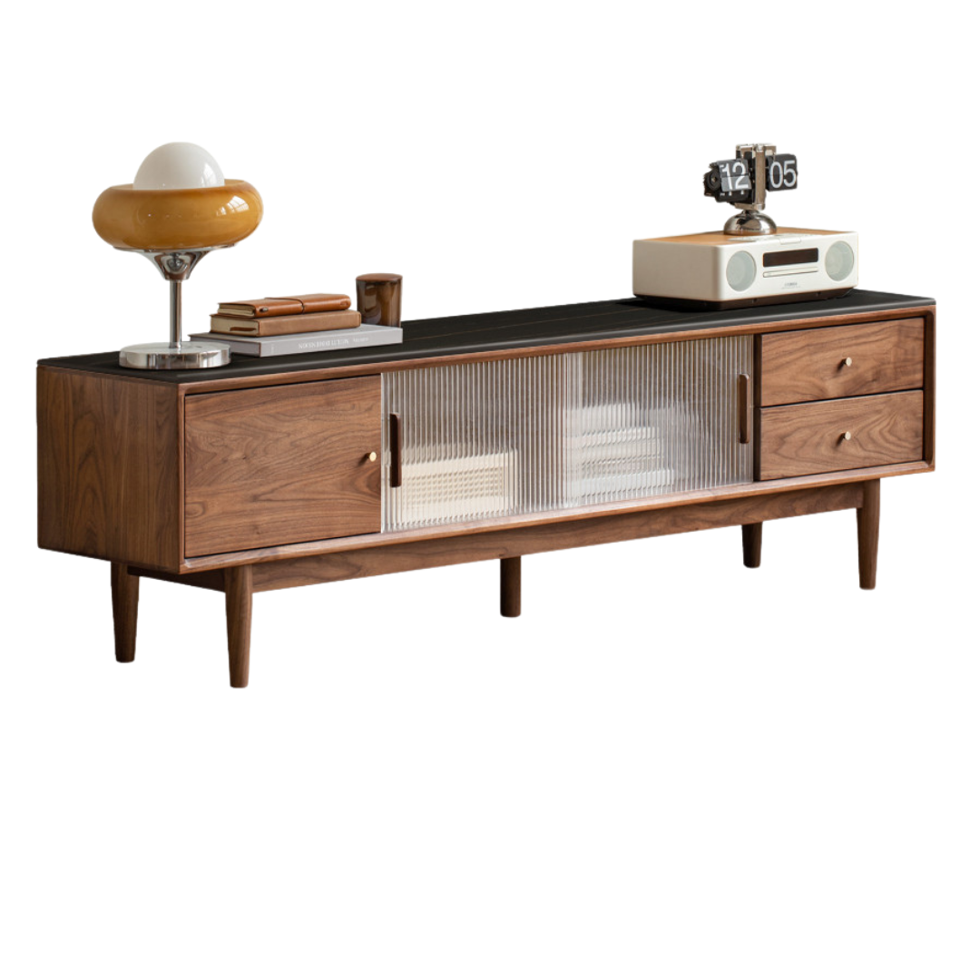 Premium Black Walnut Solid Wood TV Stand - Modern Entertainment Center with Storage Shelves for Living Room, Bedroom & Home Theater Setup