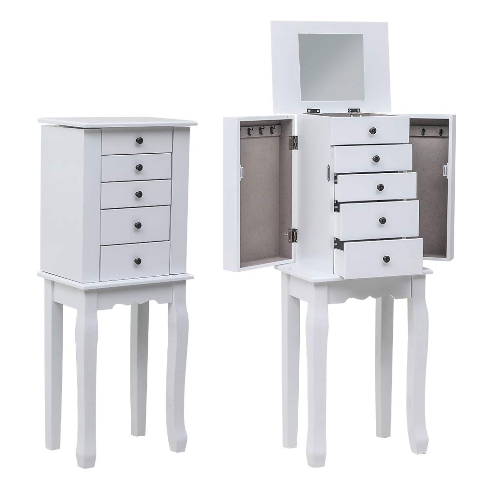 Standing Jewelry Armoire with Mirror & Top Storage Organizer - Jewelry Cabinet Chest with 2 Side Drawers for Bedroom, Closet & Dressing Room Organization