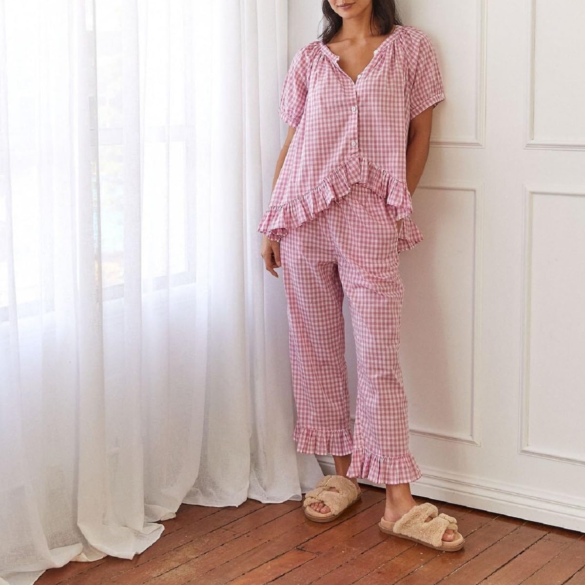 KMBANGI Women's Y2K Plaid Pajama Set - Ruffled Hem Gingham Short Sleeve Top & High Waist Bell Bottom Pants - Cute Lounge Wear for Sleepovers, Girls Night In & Cozy Home Relaxation