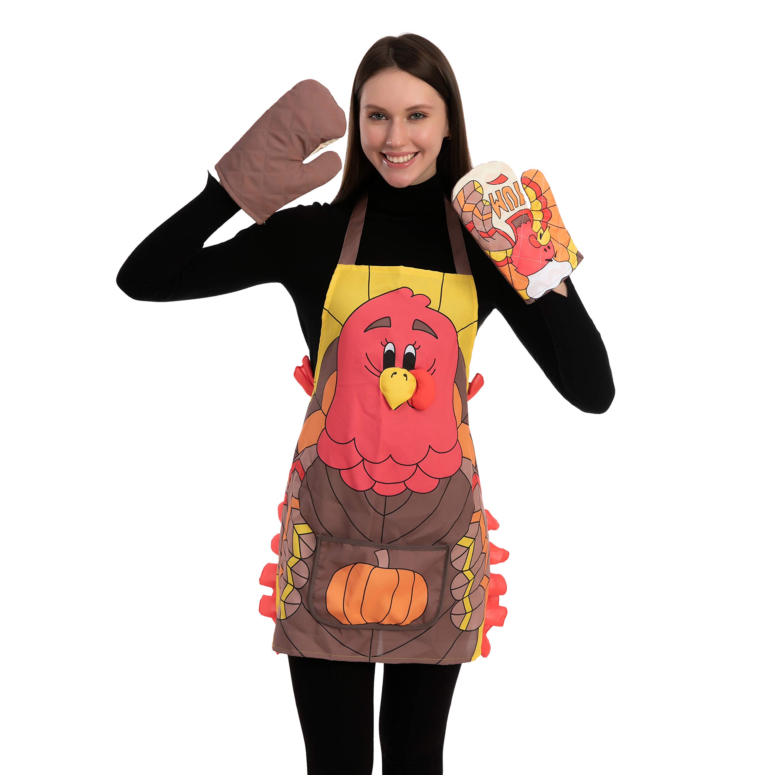 JOYIN 3-Piece Thanksgiving Kitchen Linens Set - Turkey Print Apron, Oven Mitts & Pot Holder - Holiday Cooking & Baking Accessories for Thanksgiving Dinner Prep