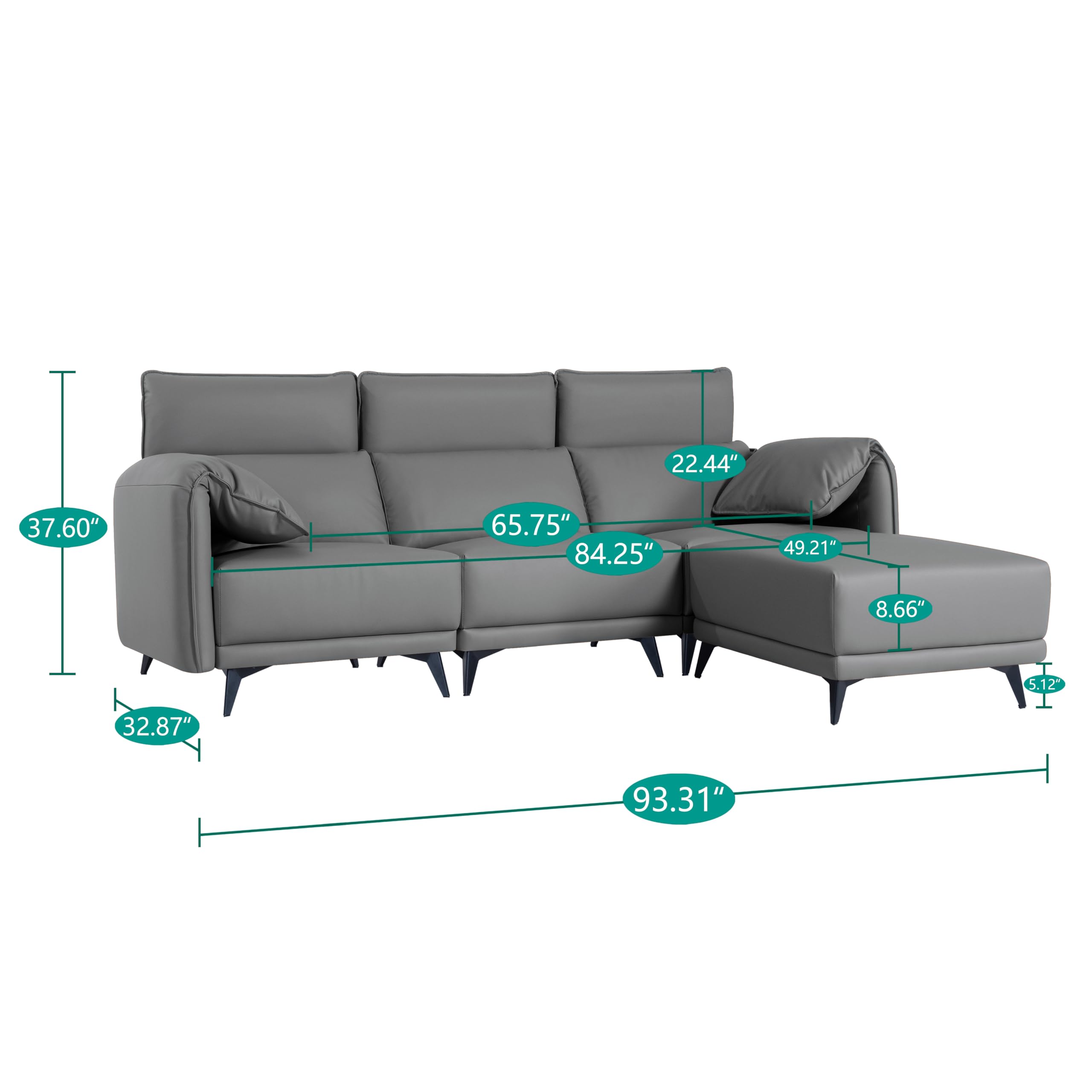 Naomi Home Dora Sectional Sofa - Pet Friendly Oversized L-Shaped Convertible 3-Seater Couch with Ottoman, High Back Design & Removable Headrest Pillows, Easy to Clean Gray Fabric for Living Room, Apartment - Perfect for Family Gatherings & Movie Nights