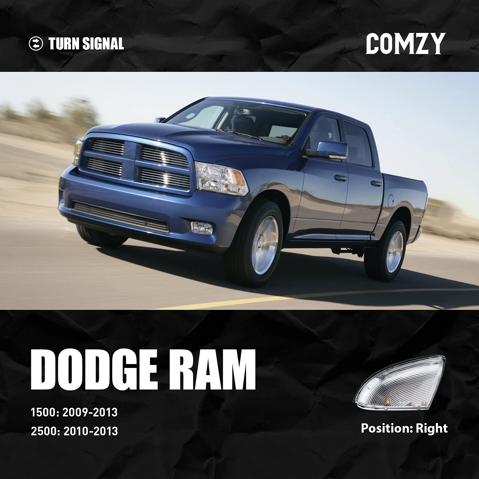 COMZY LED Side Mirror Turn Signal Light for Dodge Ram 1500 2009-2013 & 2500 2010-2013 - Right Passenger Side Replacement (Part# 68064948AA/68064949AA) - Easy Installation & Enhanced Visibility for Night Driving