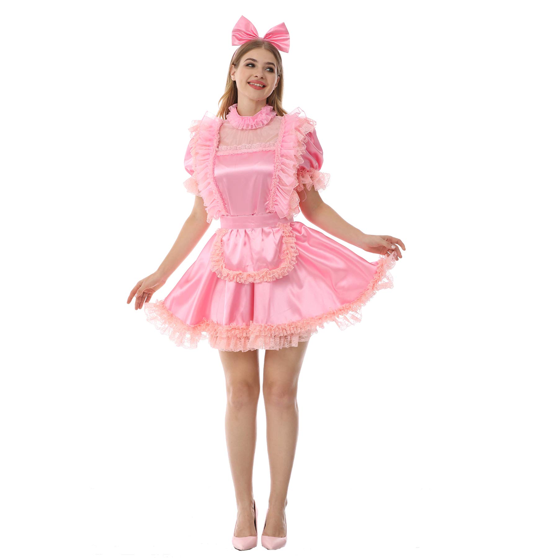JOLINE Sissy Silky Satin Pink Dress - Crossdressing Costume & Fancy Uniform for Roleplay, Cosplay, and Special Occasions