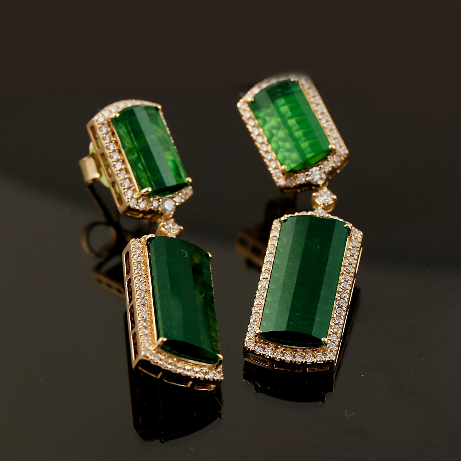 18K Yellow Gold Green Tourmaline Pave Diamond Dangle Earrings for Women - Elegant Party & Evening Wear Jewelry Gift