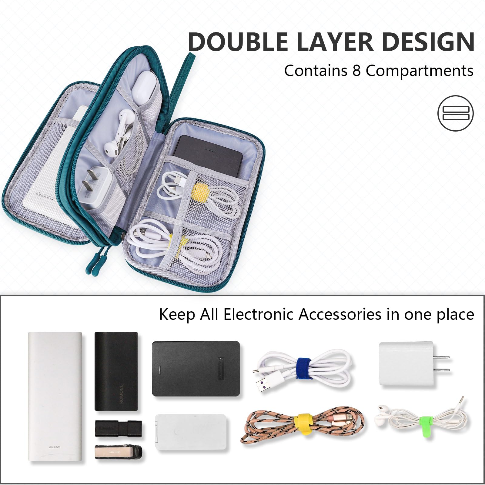 Teskyer Waterproof Travel Organizer Bag for Electronics & Cables - 8.5 x 5 Inch Dark Green Travel Accessories - Perfect for Men & Women Travel Essentials (Ideal for Business Trips, Vacations & Daily Commute)
