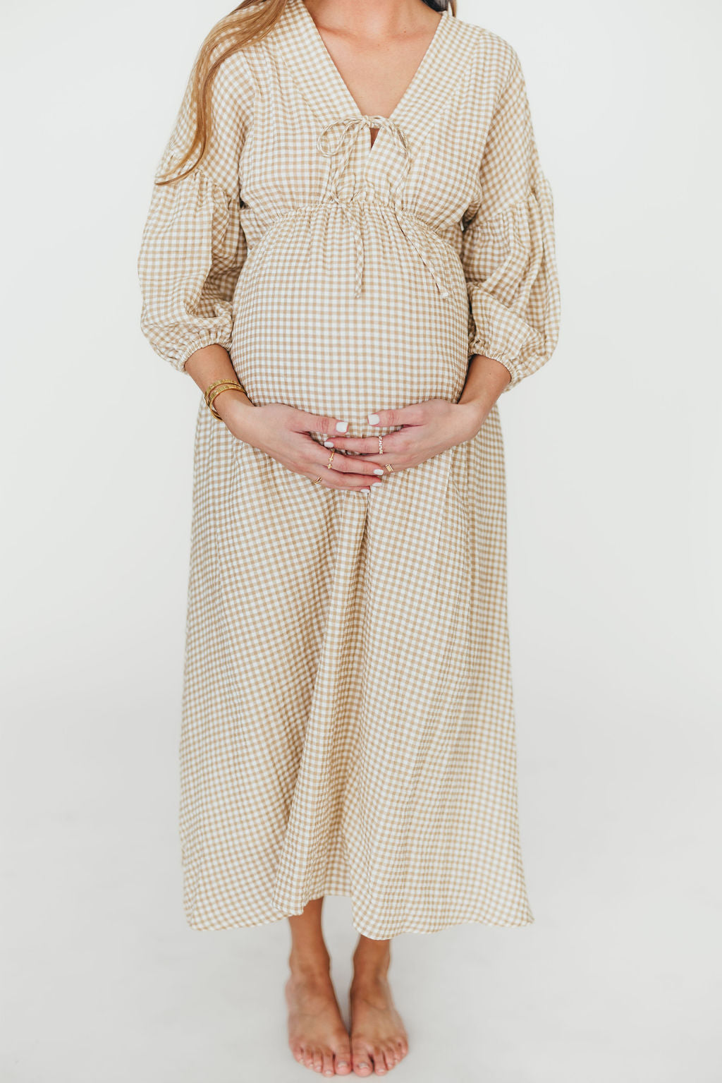Hunter Printed Gauze Midi Dress in Natural Plaid - Bump Friendly Maternity Dress for Summer, Beach & Casual Wear