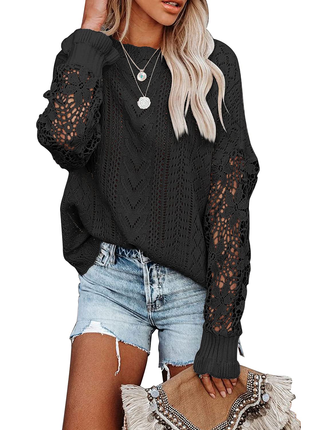 MIHOLL Women's Lace Crochet Sweater - Long Sleeve Crewneck Knit Jumper Top for Fall & Winter | Cozy Office Wear & Casual Outfits