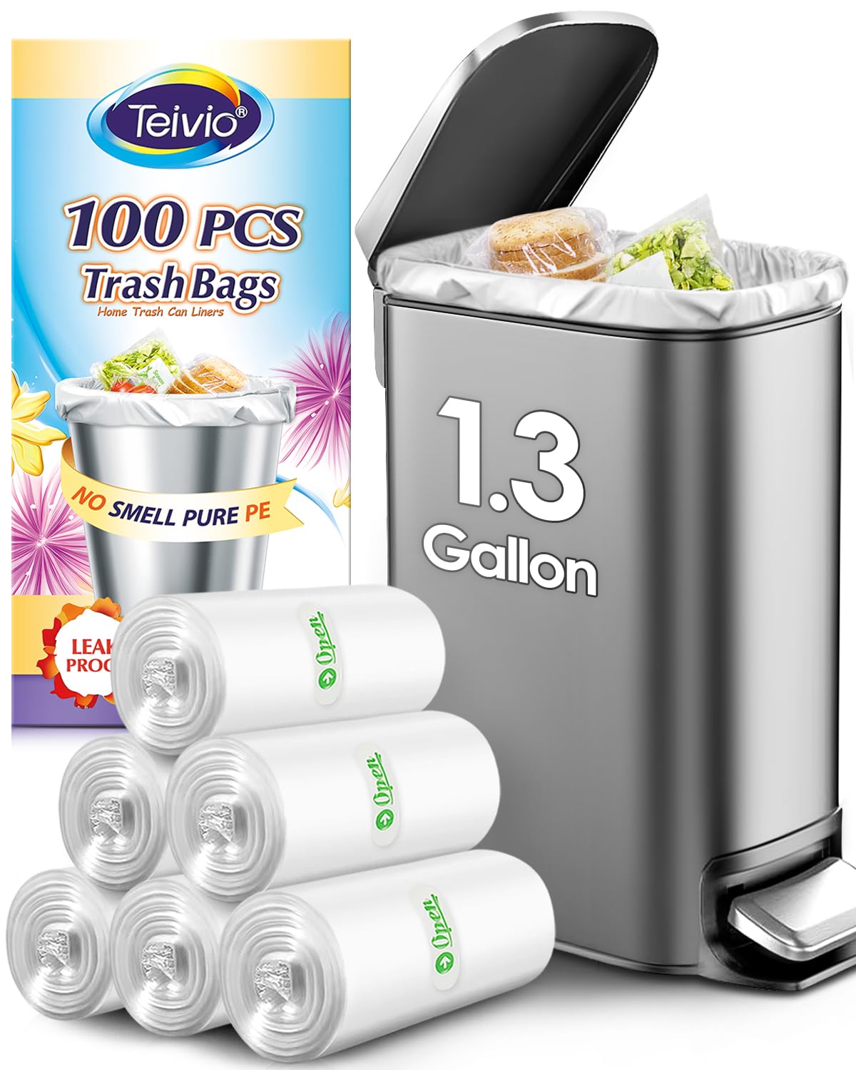 Teivio 100-Count 1.3 Gallon Strong Trash Bags - Small Waste Basket Liners for 1-1.3 Gal Bathroom/Kitchen/Office Trash Cans | Clear Plastic Garbage Bags for Home, Car & Daily Use | Durable & Leak-Proof Waste Disposal Solution