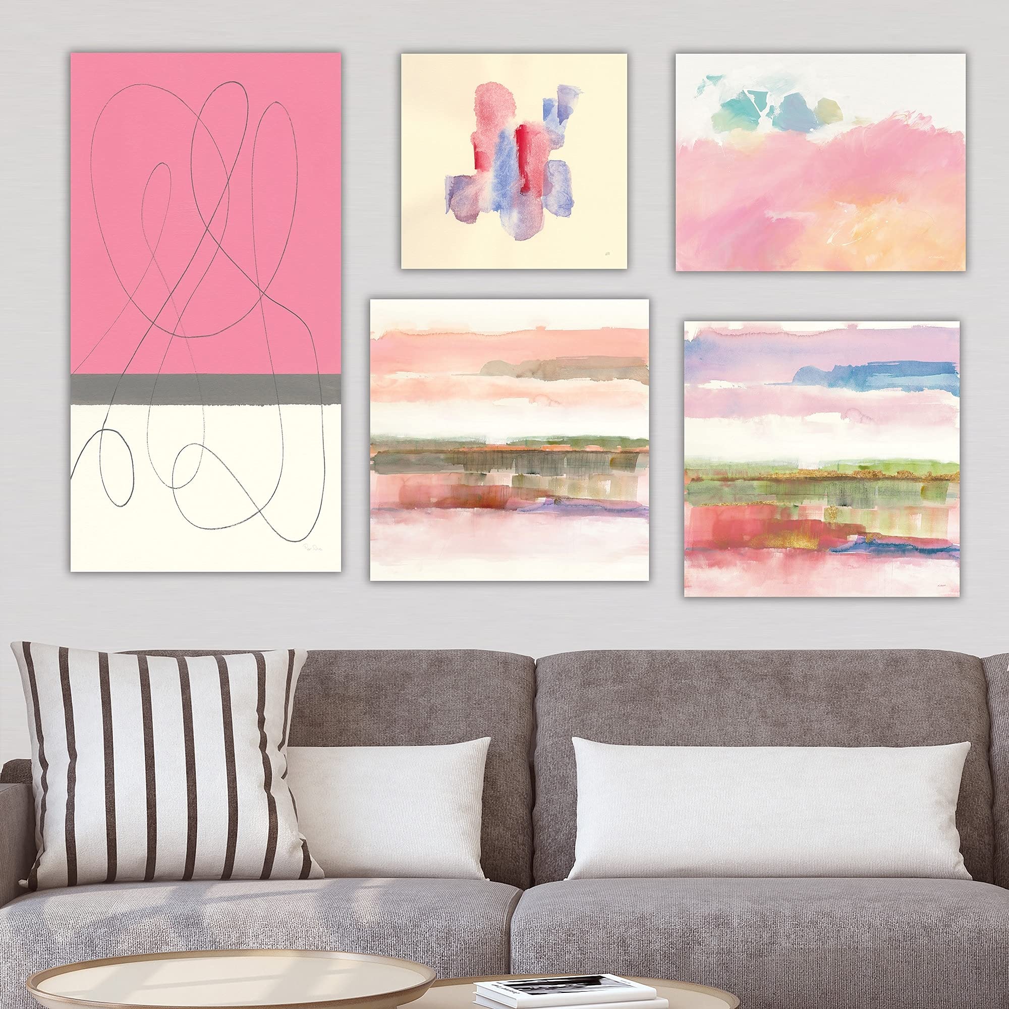 DESIGN ART 'Pink Collection' Abstract Wall Art Set of 5 Canvas Paintings - Modern Home Decor for Living Room, Bedroom & Office