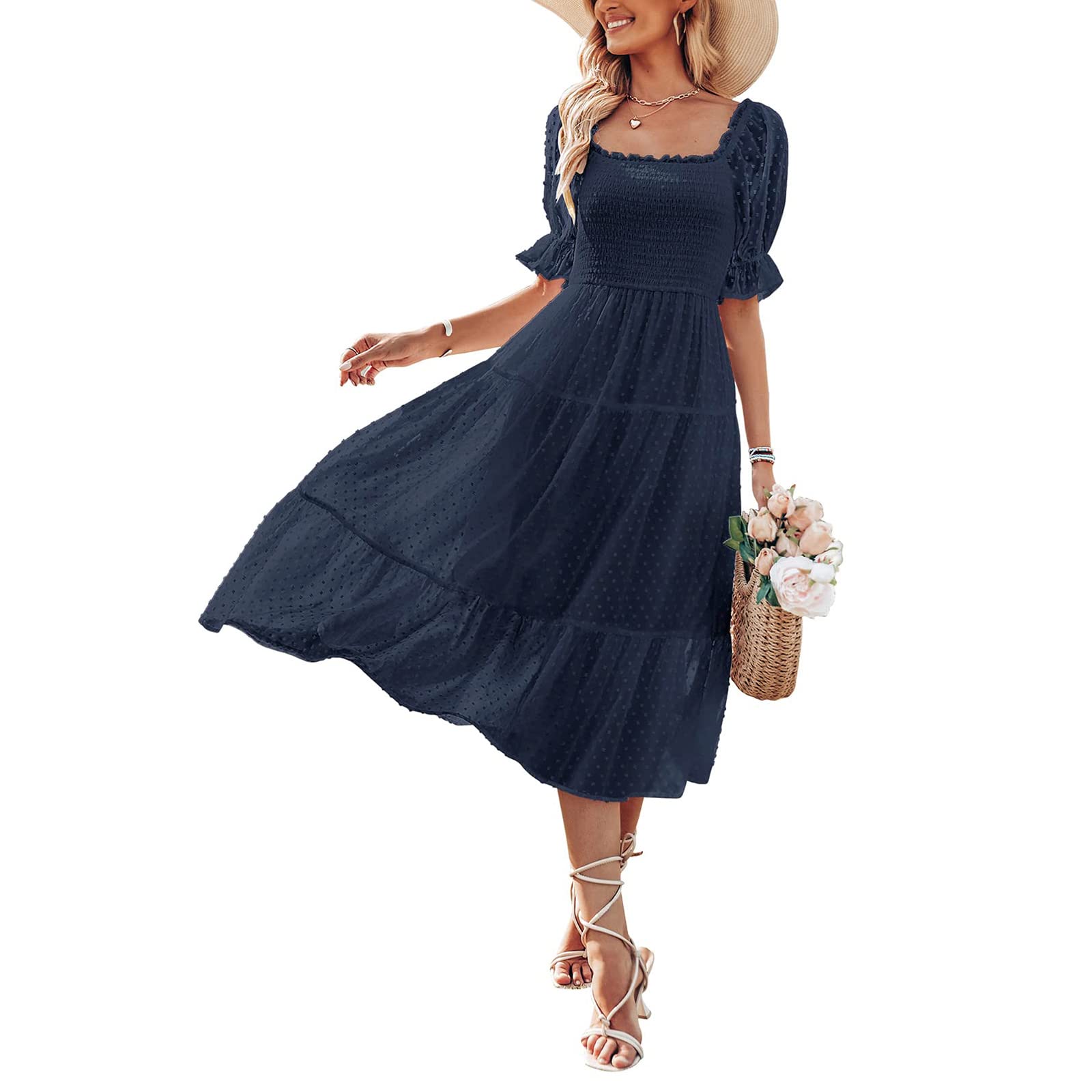 Women's Swiss Dot Chiffon Midi Dress - Summer Short Puff Sleeve Square Neck Backless Pleated Long Dress for Beach, Wedding & Party Wear