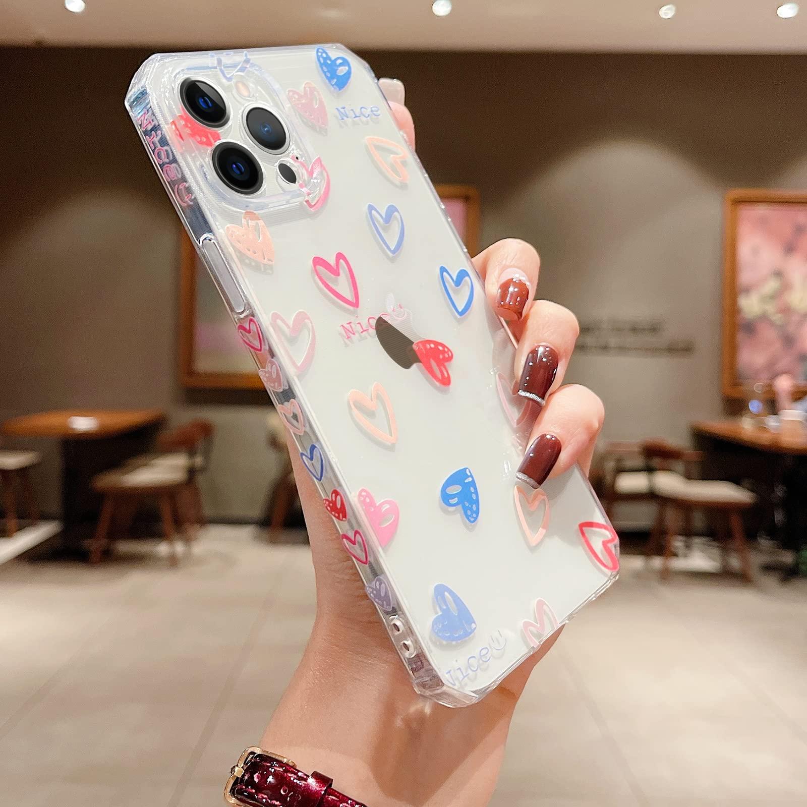 Cute Love Heart Clear iPhone 13 Pro Max Case - Shockproof Silicone Bumper Cover with Transparent Protection | Fashion Phone Case for Women & Girls | Perfect for Everyday Use, Work, School & Travel