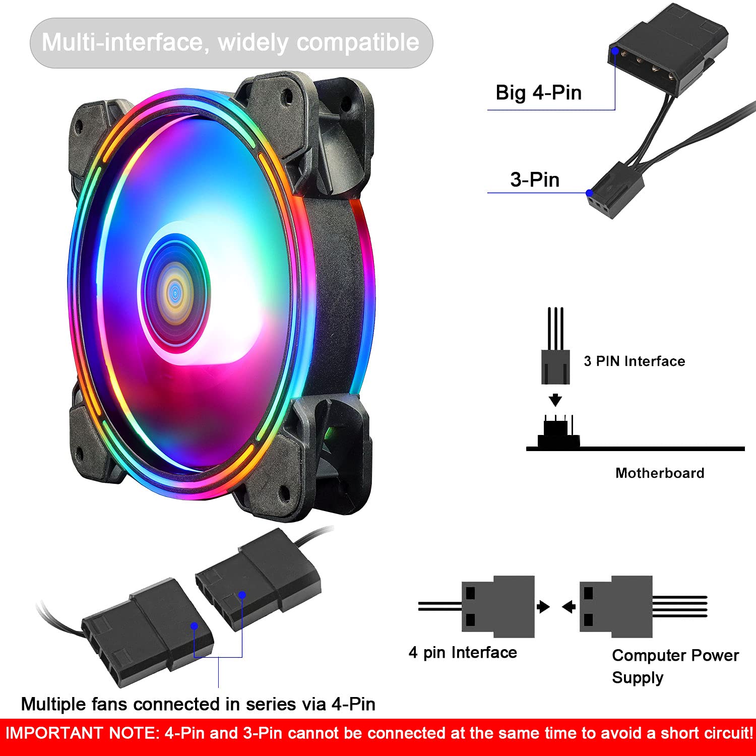 Conisy 120mm RGB LED PC Case Fan - Super Silent, High Efficiency Cooling Fan for Computer Cases - Dual Pack (Rainbow Series, Colorful) - Perfect for Gaming PCs, Workstations & Custom Builds