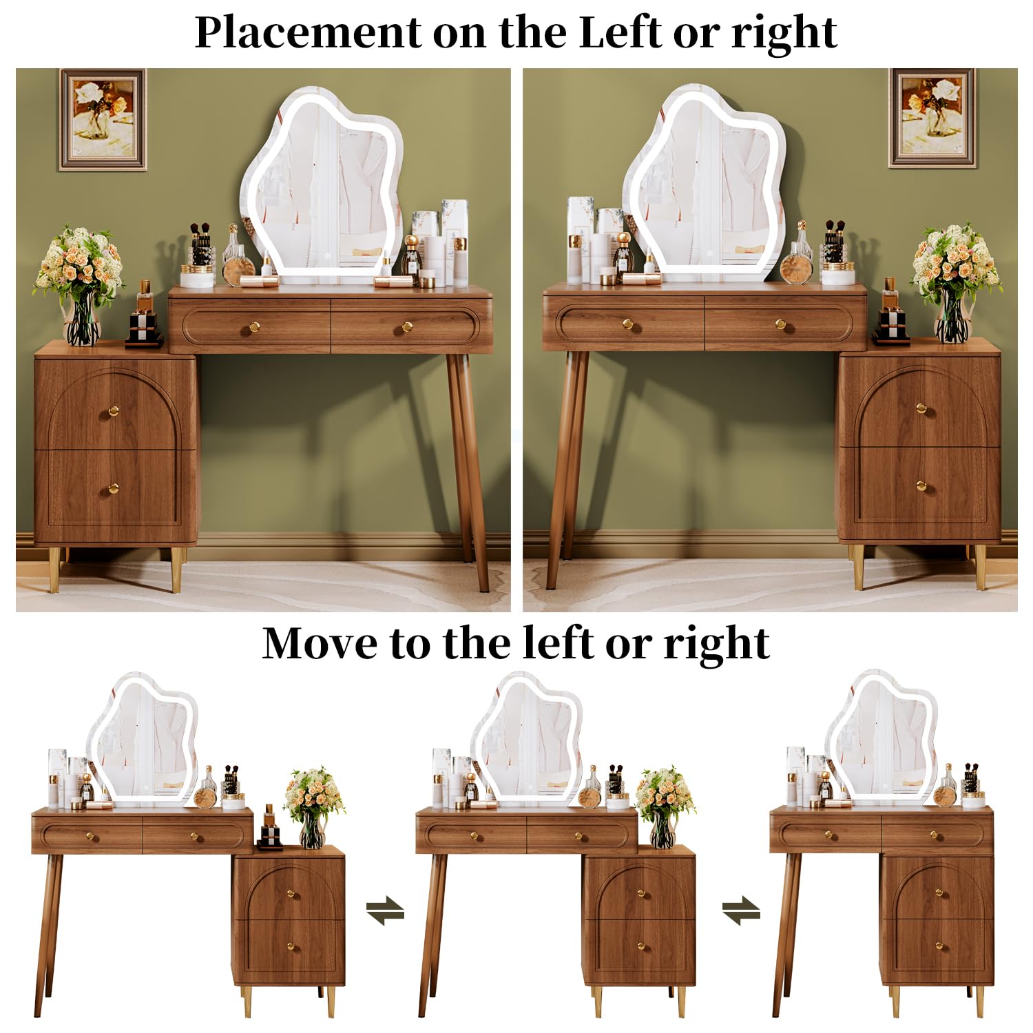 Brown Modern Corner Makeup Vanity Table with LED Lighted Mirror & 4 Spacious Drawers - Bedroom Dressing Desk with Nightstand, Minimalist Writing Desk for Women & Girls | Perfect for Small Spaces, Makeup Organization & Home Office Use