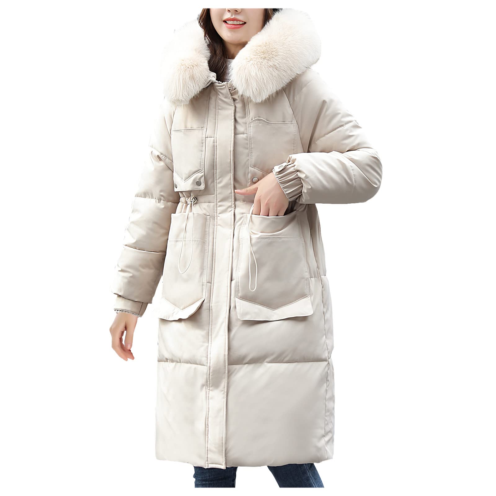 Women's Oversized Plush Collar Hooded Down Padded Jacket - Winter Warm Coat with Drawstring & Pockets | Perfect for Outdoor Activities, Casual Wear & Cold Weather Fashion
