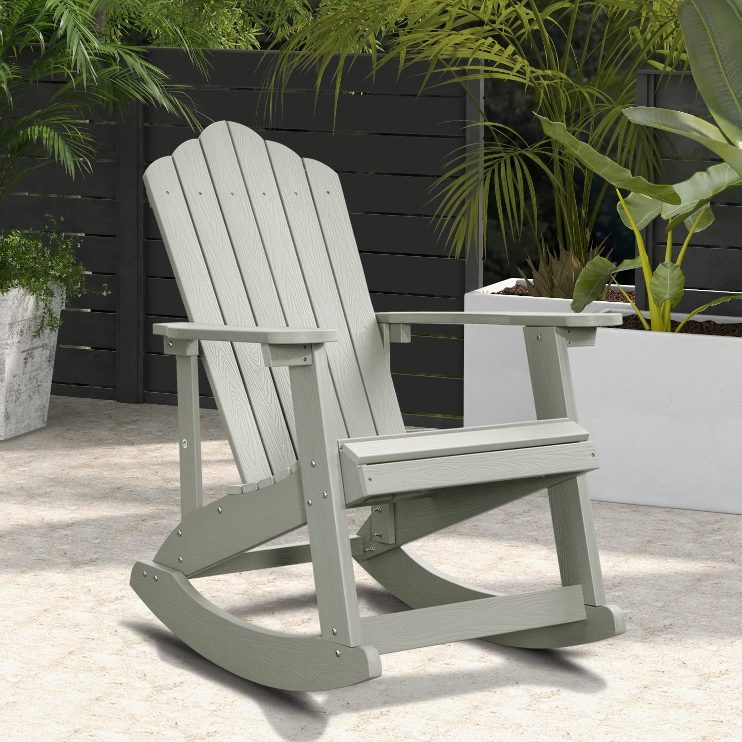 XIZZI Classic Weather-Resistant Adirondack Rocking Chair for Outdoor Patio, Deck, Garden & Backyard - Light Grey (1 Chair) - Durable & Real Wood Look - Perfect for Relaxing, Sunbathing & Outdoor Gatherings
