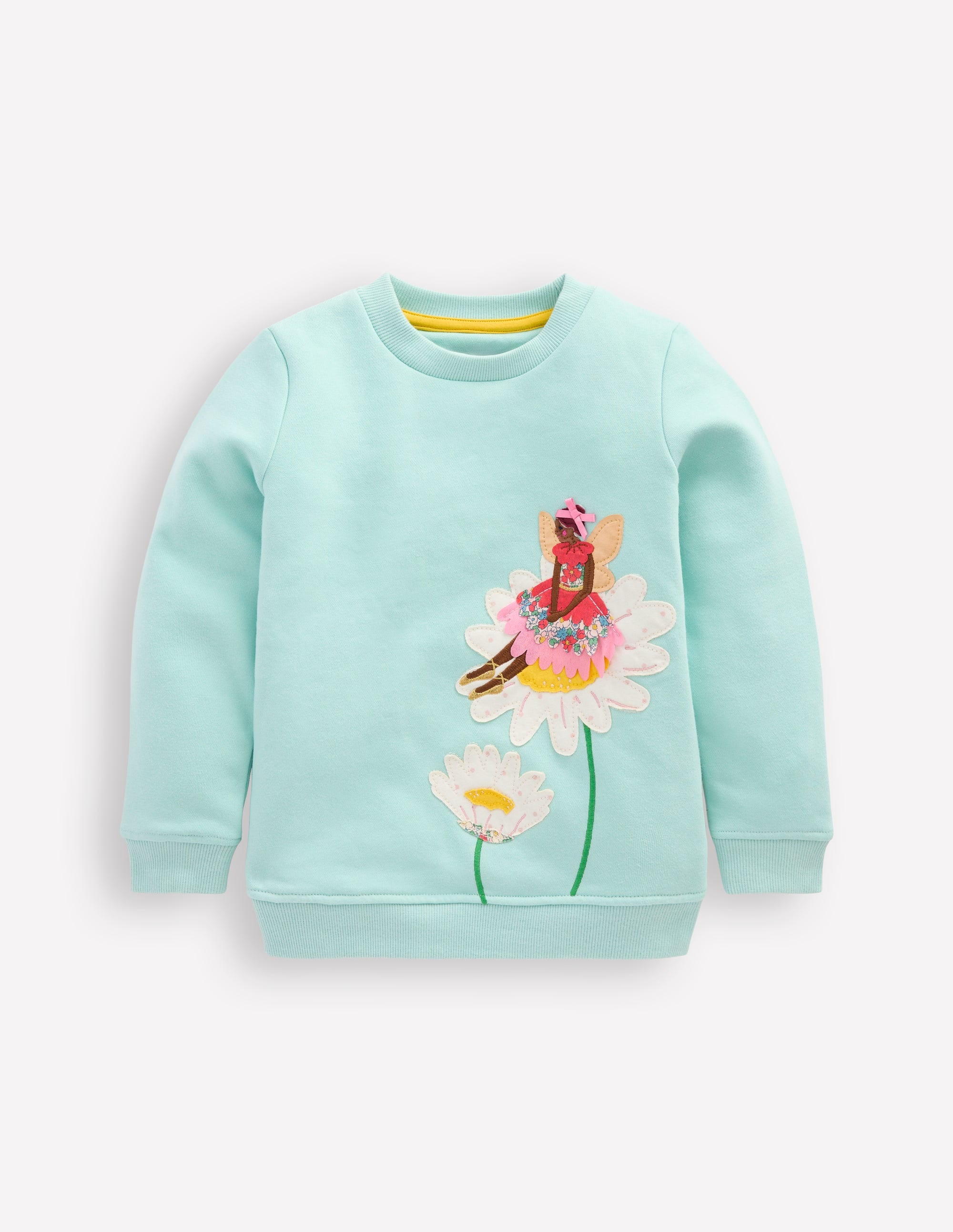 Spring Green Daisy Fairy Applique Sweatshirt - Women's Floral Embroidered Pullover for Casual Wear & Spring Outfits