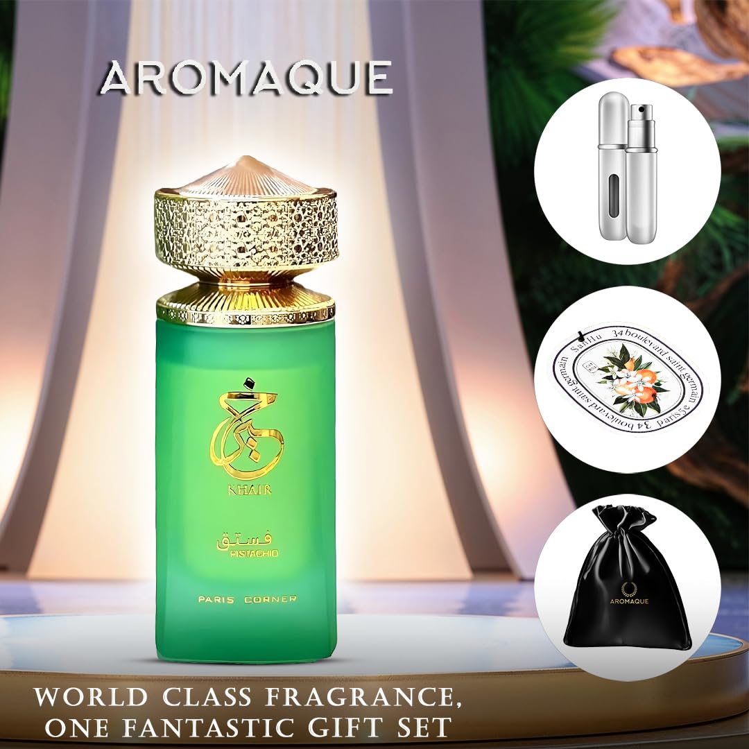 Paris Corner Pistachio Khair Eau de Parfum for Men 3.4oz | Luxury Fragrance Gift Set with Travel Refillable Bottle & 2 Car Air Fresheners | Perfect for Gifting, Date Nights & Office Wear