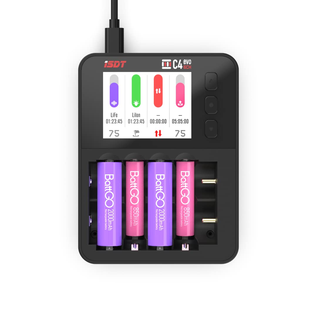 ISDT C4 EVO 6 Bay Smart Battery Charger for AA AAA 18650 Batteries with LCD Display, Type-C & QC3.0 Input - Li-ion Ni-MH/NiCd Rechargeable Battery Charging Station - Perfect for Home, Office, and Travel Use