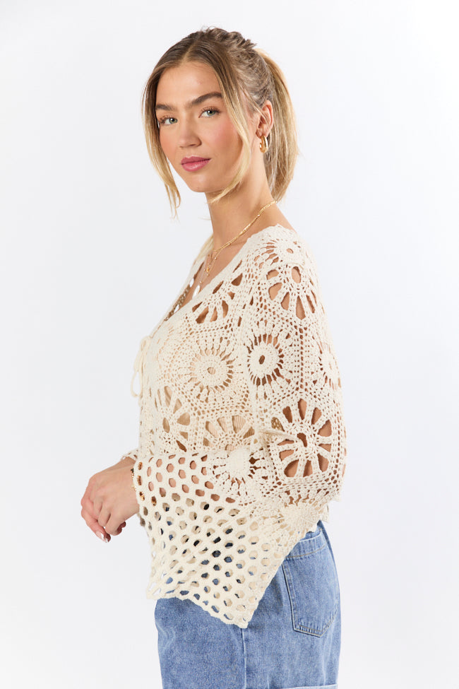 Morning Sun Beige Crochet Tie Front Cardigan - Women's Lightweight Summer Cover Up for Beach, Boho Outfits & Casual Wear