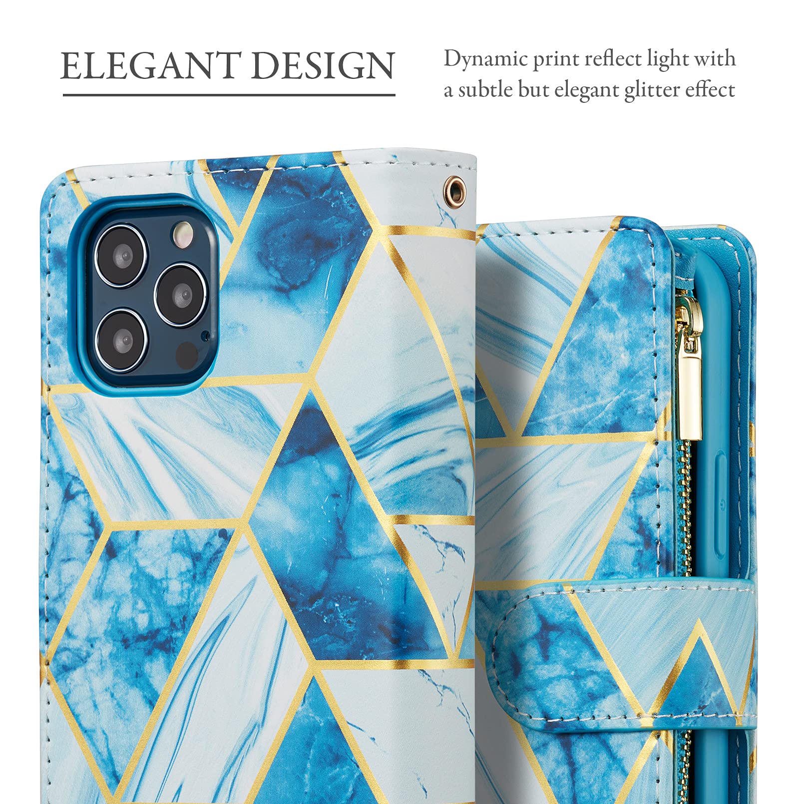 Premium PU Leather Wallet Case for iPhone 12 Pro Max - Magnetic Closure, Zipper Pocket, Kickstand & Card Slots with Hand Strap | Stylish Marble Blue Flip Phone Case for Women | Perfect for Work, Travel & Everyday Use