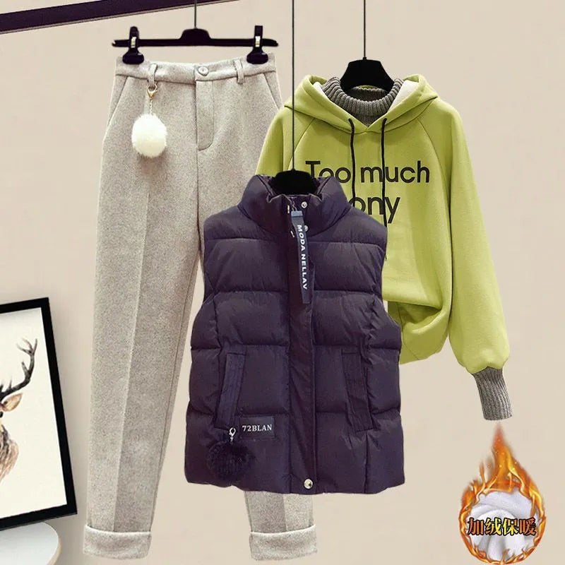 Stylish Women's 3-Piece Winter Outfit - Korean Thickened Hoodie, Casual Cotton Tank Top & Flocked Pants Set | Perfect for Sports, Travel & Daily Wear
